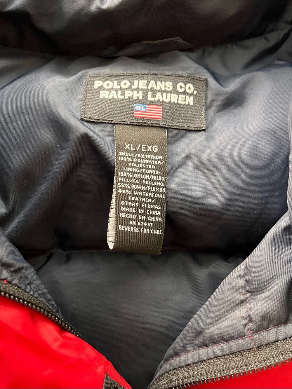 Vintage Polo Jeans Co Ralph Lauren Red Down Puffer Jacket Crop Y2K XL 90s Flag